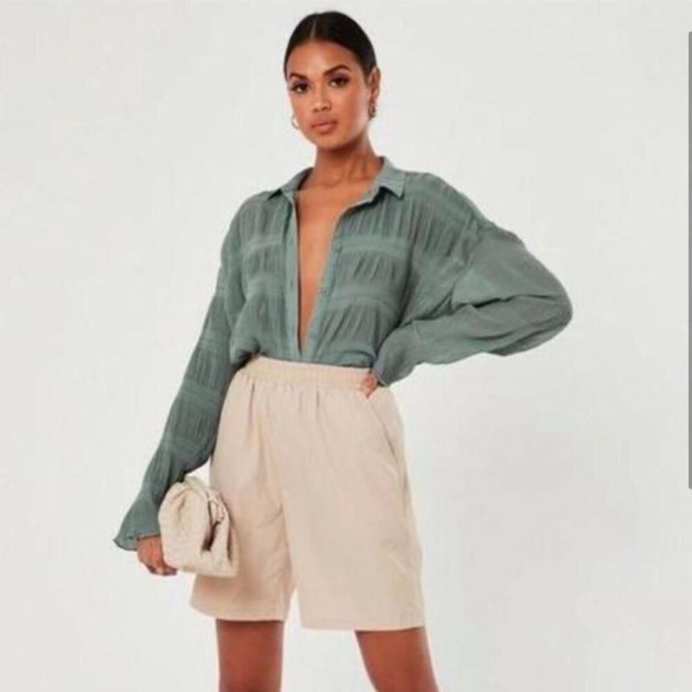 Missguided Sage Green Oversized Sheer Crinkle Blouse - Size 6